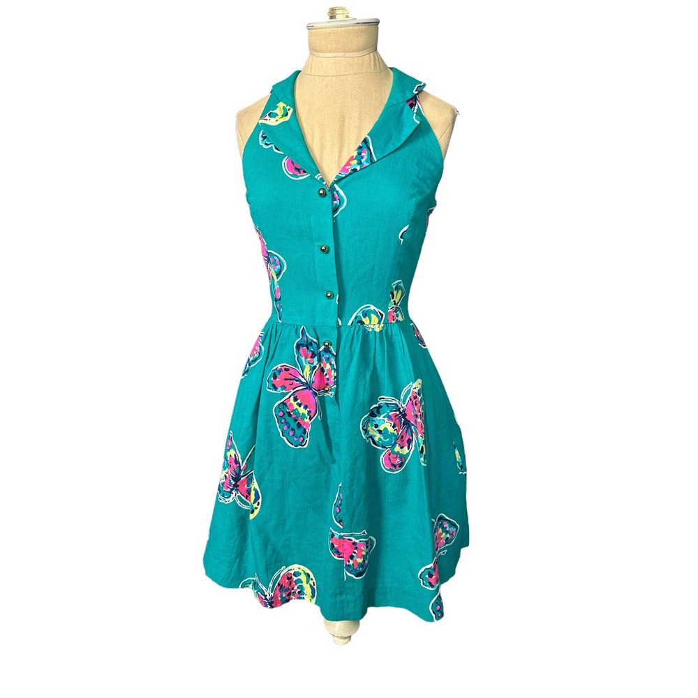 Lilly Pulitzer Sleeveless Collared Teal Butterflies Dress Size 0.